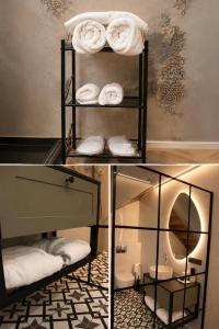 two pictures of a bathroom with towels and a mirror at Bohemia Jacuzzi & Sauna Apartment in Klaipėda