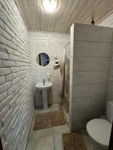 a small bathroom with a sink and a toilet at Маєток Мигдаль in Svityazʼ +32 photos