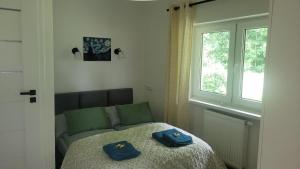 a bedroom with a bed with two blue pillows on it at Beskydy apartman Four Seasons in Hnojní