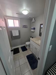 a bathroom with a toilet and a sink and a mirror at Bright Cozy 2-Bedroom Main Floor Suite in Brampton +16 photos
