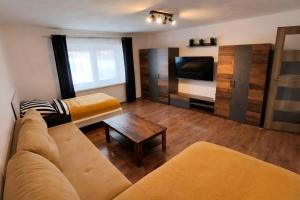 a living room with a couch and a tv at Klidná Chalupa in Bulhary