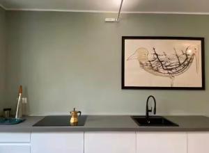 a kitchen with a sink and a picture of a bird on the wall at Loft Library by Lago Maggiore Rentals in Oggebio