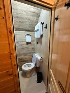 a small bathroom with a toilet in a tiny house at Log Cabin in Blatina +1 photo