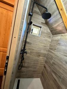 a shower in a bathroom with a light on the wall at Log Cabin in Blatina