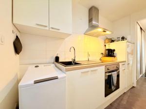 a white kitchen with a sink and a stove at Le Chamily in Besançon