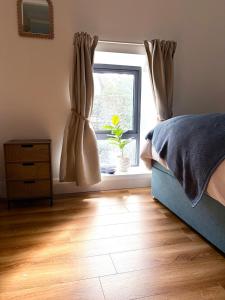 a bedroom with a bed and a window with a plant at Rose Cottage, Killala in Killala