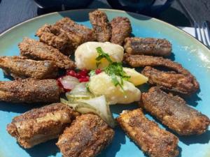 a blue plate of food with meat and vegetables at 5 person holiday home in Aabybro in Åbybro +35 photos