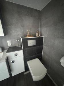 a bathroom with a white toilet and a sink at Ferienwohnung bei Karl in Schmallenberg +21 photos