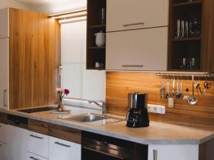 a kitchen with a sink and a counter top at Appartements im Park in Krumpendorf am Wörthersee
