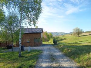 a dirt road next to a building in a field at Leśna Chatka Kotlina Kłodzka in Kłodzko