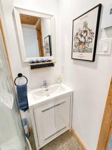 a bathroom with a white sink and a mirror at Lake Hideaway with BBQ, Fire Pit & Horses in Sainte-Marguerite +28 photos