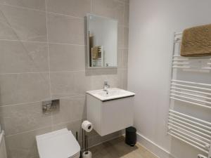 a bathroom with a white toilet and a sink at Glynllifon 9 in Llanallgo +18 photos