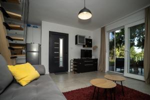 a living room with a couch and tables and a television at Vikendica Mir Čortanovci in Čortanovci