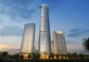 two tall buildings with palm trees in front of them at Luxury sup nova in New Delhi