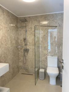 ein Badezimmer mit Toilette und Glasdusche in der Unterkunft Old Parga Studios in Parga