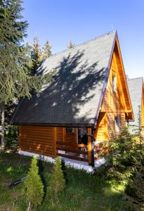 a log cabin with a black roof at Zlatar Zen Chalet in Vukovina