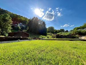 a field of green grass with the sun in the sky at Ferienhaus Kropsbach in Sankt Martin