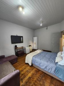 a bedroom with a bed and a flat screen tv at Quarto no coracao da cidade entre batel, merces e centro Excelente localizacao in Curitiba