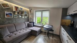 a living room with a couch and a table at Studio w kamieniczce in Konstantynów Łódzki