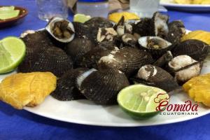a plate of oysters and a lime on a table at Los Chaskalitos in Malchinguí