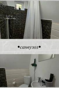 a bathroom with a shower and a toilet and a sink at A frame house Kryvorivnia in Verkhniy Yasenov