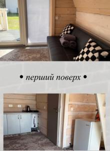 a living room with a black couch and a kitchen at A frame house Kryvorivnia in Verkhniy Yasenov +22 photos