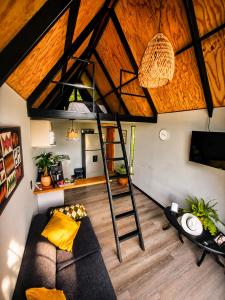 a loft room with a ladder and a couch at Basecamp Colombia in Carmen de Carupa