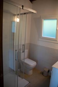 a bathroom with a toilet and a glass shower at Casa El Palmar - Playa y Jardín in El Palmar +12 photos