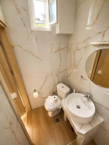 a bathroom with a sink and a toilet and a mirror at Amaya Pine Studio in Panagia