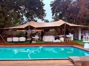 a tent and a pool with a table and chairs at The Luxury Orchid in Pietermaritzburg
