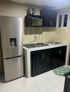 a kitchen with a stainless steel refrigerator and a sink at Manor Villas in Kingston