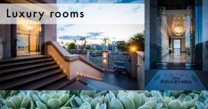 a collage of photos of a building with stairs and cactus at Hotel on Boulevard in Johannesburg