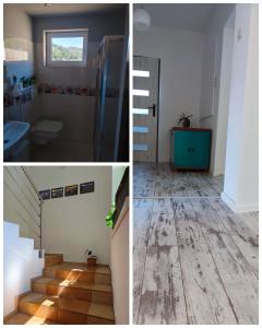 two pictures of a bathroom with a staircase and a room with a toilet at Villa Ondruš in Vernár