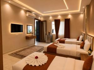 a hotel room with two beds and a flat screen tv at Garden El Tahrir Downtown Hotel in Cairo