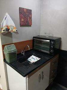 a kitchen counter with a sink and a microwave at Loft Meu Aconchego in Nova Friburgo