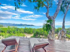 a wooden deck with two chairs and a tree at Absolute Beachfront and Pool House in Horseshoe Bay