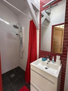 a bathroom with a sink and a shower with a red shower curtain at Bois sauvage in Parentis-en-Born +19 photos