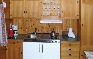 a small kitchen with a sink and a stove at Nesheim Cabin-By-The-Sea in Øygarden
