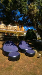 three metal objects are laying on the ground under a tree at Flats Morada do Jordão in Campos do Jordão