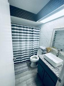 a bathroom with a sink and a toilet and a shower at Beautiful Brand-New studio in New Port Richey