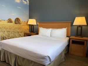 a bedroom with a bed with two lamps and a field at Rimbey Motor Inn in Rimbey