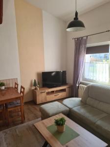 a living room with a couch and a tv at Ferienwohnung Alte Brennerei in Brösa
