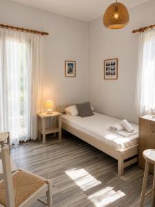 a bedroom with a bed in a room with windows at Stelios Zalonis Apartments in Tinos