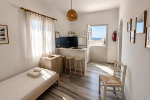 a small room with a bed and a kitchen at Stelios Zalonis Apartments in Tinos