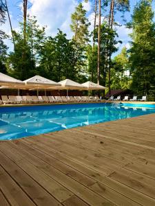 a swimming pool with chairs and umbrellas at Resort Stariy Prud in Filippovichi