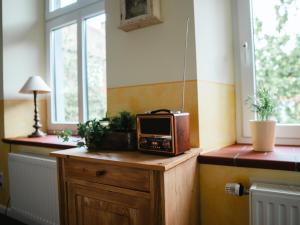 a microwave sitting on a wooden counter in a room at Faehrmann-s-Huus-Ditzum in Ditzum