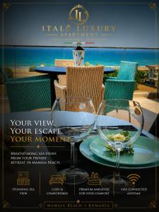 a flyer for a restaurant with two wine glasses on a table at Italy Luxury Apartment front of the sea in Mamaia Sat/Năvodari