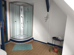 a shower with a glass door in a bathroom at Mackó Kuckó Verőce in Kismaros +23 photos