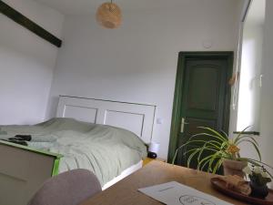 a bedroom with a bed with a green door and a table at Mackó Kuckó Verőce in Kismaros