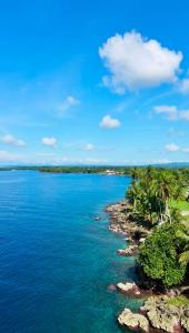a view of a body of water with palm trees at Nambis Inn in Madang